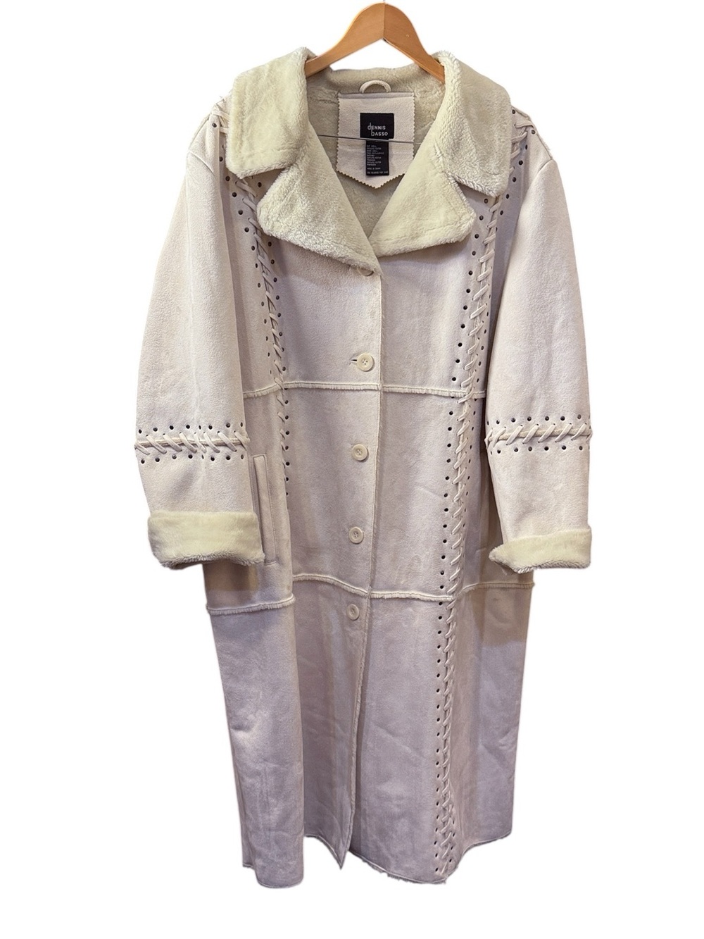 dennis basso Cream Faux Shearling Longline Coat with Whipstitch Trim Grommets 2X